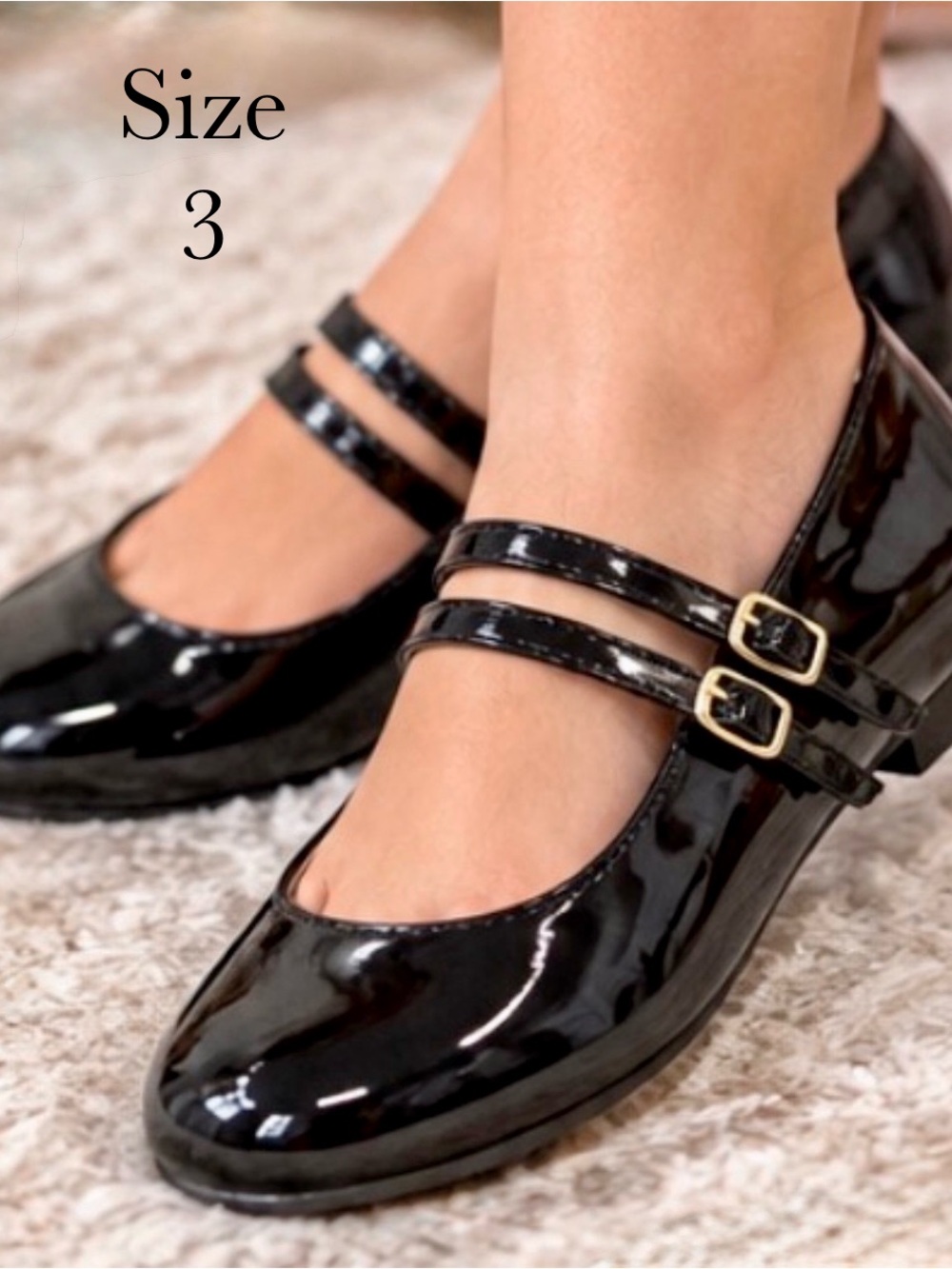 Girls Black Patent Double-Velcro Strap Mary Jane Flats - size 3